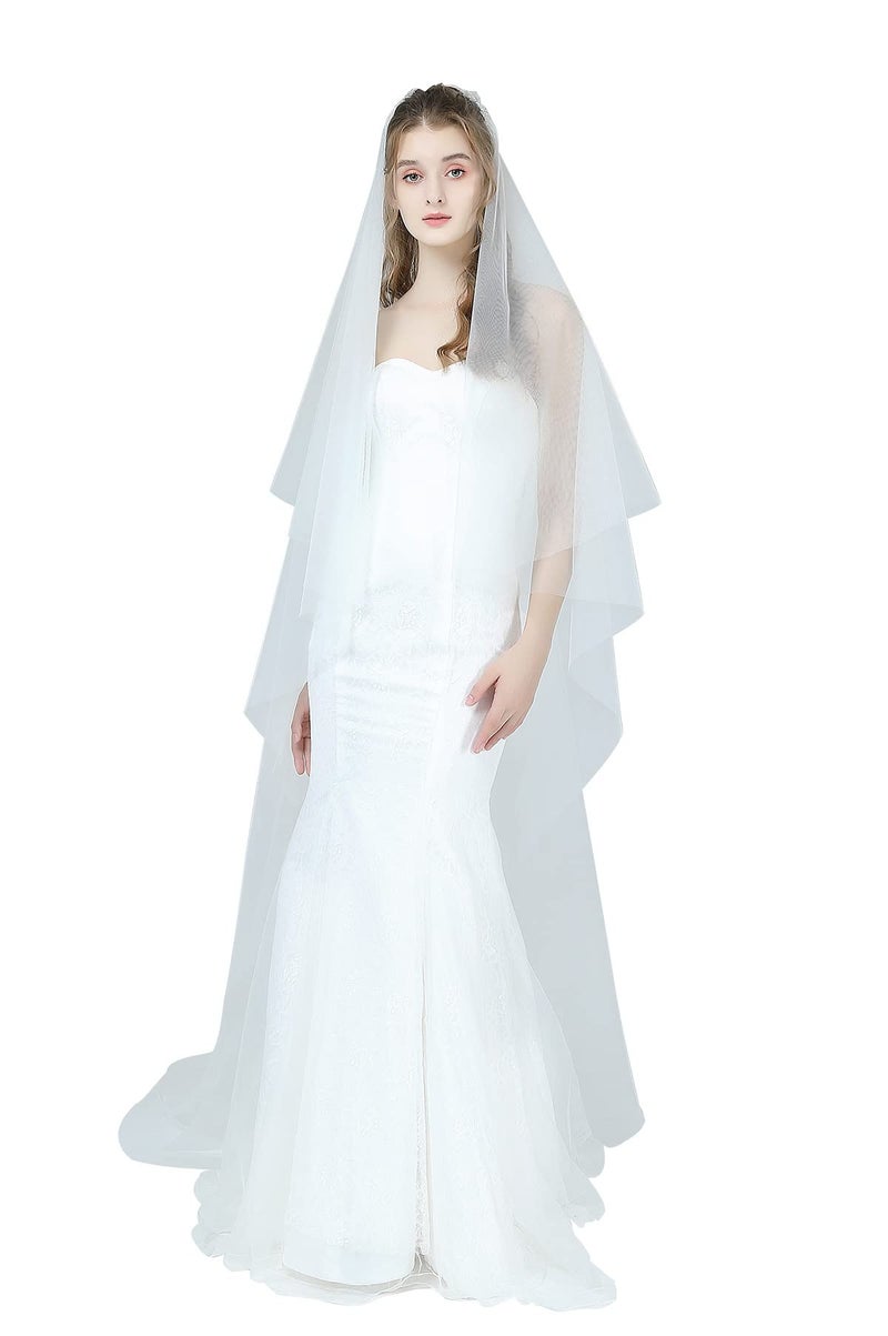 BEAUTELICATE Bridal Wedding Veil 1 Tier For Women Cut Edge Knee Chapel Length With Comb Ivory White - Image 1